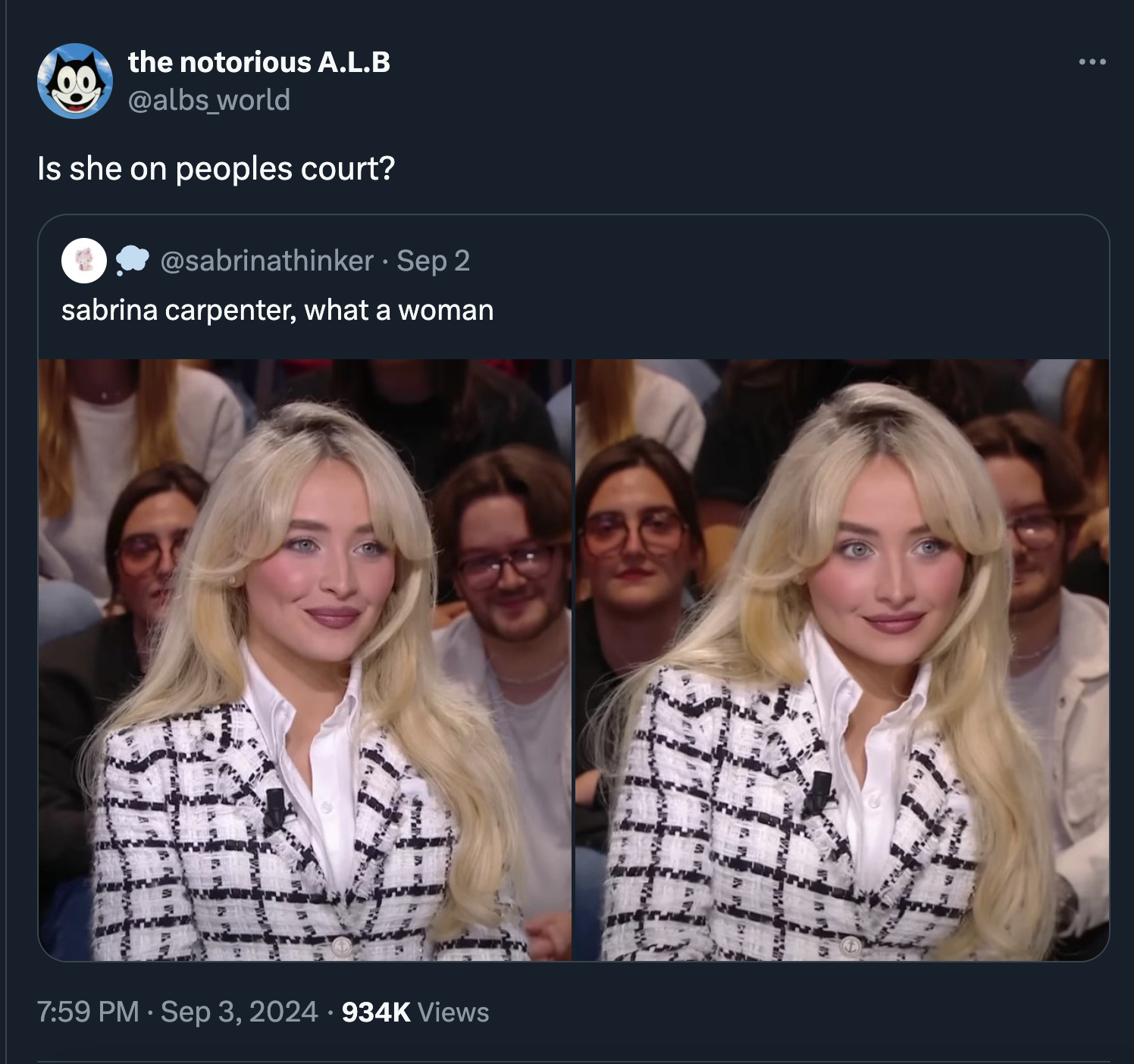 the notorious A.L.B Is she on peoples court? . Sep 2 sabrina carpenter, what a woman Views